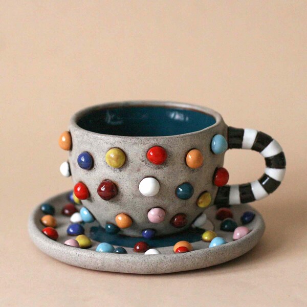Polka dot bumpy coffee cup, medium capacity OOAK handsculpted bumps, black and white handles (made to order)