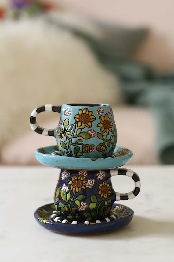 Espresso Cups, Sunflower Pattern Handcarvings, Cute Ceramic Cups