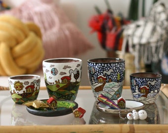 Gobelet + infuseur à thé + plat de repos, tasses d'été et d'hiver, tasses en céramique faites main avec des sculptures uniques