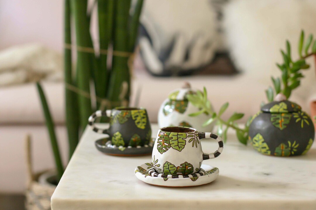 Espresso Cups, Sunflower Pattern Handcarvings, Cute Ceramic Cups