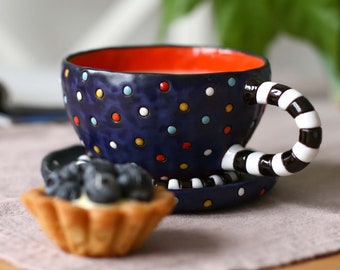 Polka bot cups, black and white handles, ceramic handmade coffee cup in handcarved polka dots pattern