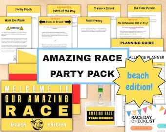 May include: A party pack featuring the text "Amazing Race Party Pack" and "beach edition" on yellow and black backgrounds. The pack includes game cards, a planning guide, and a team member badge, all designed for a beach-themed event.