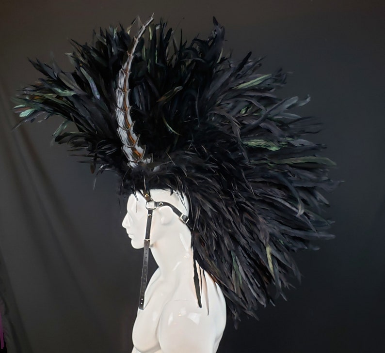 Black Feather Headdress Feathered Headdress Horns Horned | Etsy