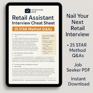 Peut inclure: Une tablette numérique affiche une "Fiche de triche pour l'entretien d'embauche d'assistant de vente" avec "25 STAR Method Q&As" et "Job Seeker PDF". L'écran montre des questions d'entretien et la méthode STAR. Le texte "Nail Your Next Retail Interview" est également visible.