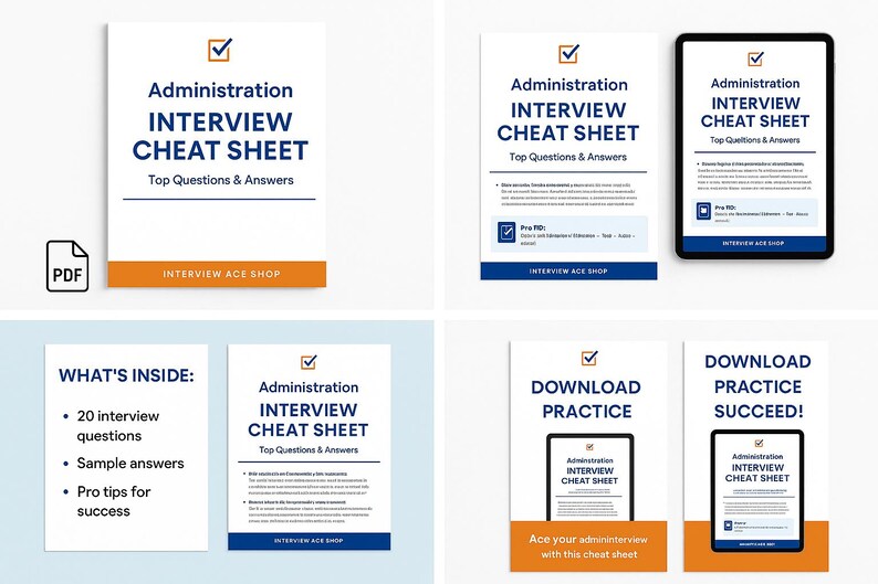 May include: A collection of digital documents titled "Administration Interview Cheat Sheet" with the text "Top Questions & Answers." The documents are displayed on white backgrounds and a tablet. The documents include the text "Interview Ace Shop."