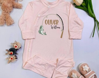 Personalized Fishing Baby Onesie, Custom Name Fisherman Baby Romper, Gone Fishing Newborn Outfit, Gift For Angler Dad's Son Footie Pajamas