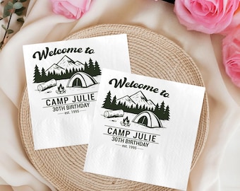 Camp Birthday Personalized Napkin, Birthday Party Napkin, Camping Theme Cocktail Napkin, Outdoor Adventure Napkin, Custom Mountain Napkin