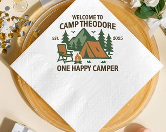 Welcome To Camp Birthday Napkin, Campfire Camping Tent Outdoor Adventure Napkin, Campground Personalized Established 2025 Camp Napkin