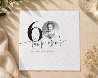 Look Who’s 60 Birthday Napkins, Custom Photo Birthday Napkins, Personalized 60th Birthday Party Decor, Milestone Celebration