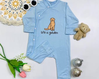 Life Is Golden Baby Outfit, Golden Retriever Dog Lover Baby Bodysuit, Cute Puppy Themed Baby Shower Gift, New Mom And Dad Gift Romper