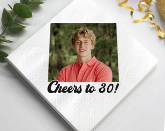 Cheers To 30 Personalized Napkin, 30Th Birthday Party Custom Napkin, Milestone Birthday For Him Party Napkin, Custom Photo Napkin For Son