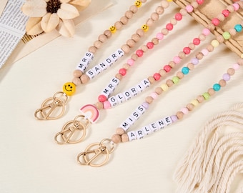 Custom Beaded Teacher Lanyard ID Holder,Rainbow Beaded Breakaway Lanyard,Boho Teacher Lanyard,Fun Lanyard,Lanyards for Educators,ID Holder
