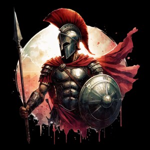 May include: Illustration of a Spartan warrior in full armor, holding a spear and shield. The warrior is depicted with a red cape and helmet crest against a watercolor-style background. The image has a dramatic, heroic feel.