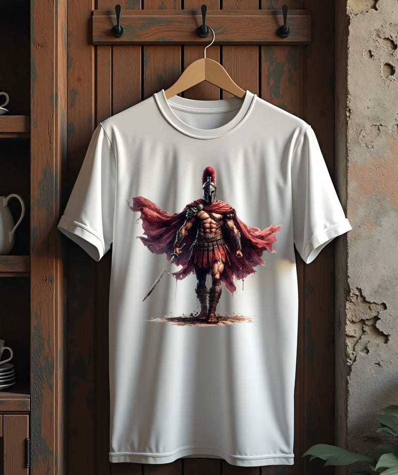 May include: White t-shirt featuring a detailed illustration of a Spartan warrior. The warrior is depicted in full armor, including a helmet and red cape, holding a sword. The design is centered on the shirt, creating a bold statement.
