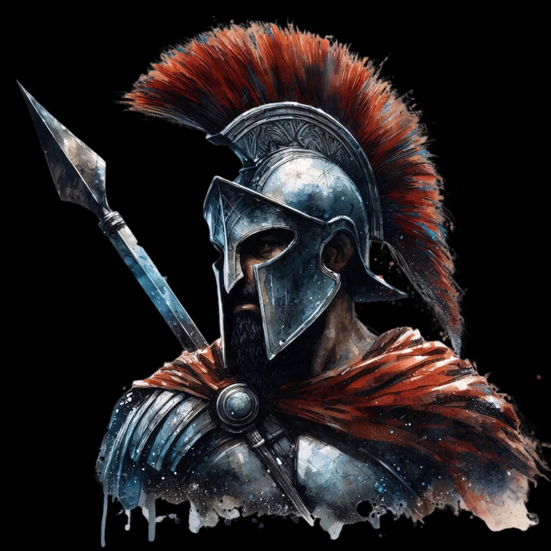 May include: Watercolor illustration of a Spartan warrior in a silver helmet with a red plume, holding a spear. The warrior wears a red cape and has a dark beard, set against a black background.