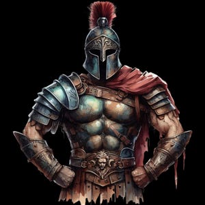 May include: Illustration of a warrior in full armor, featuring a helmet with a red plume and a red cape. The armor is detailed with a lion emblem and intricate designs, set against a black background. The warrior's pose suggests strength and readiness.