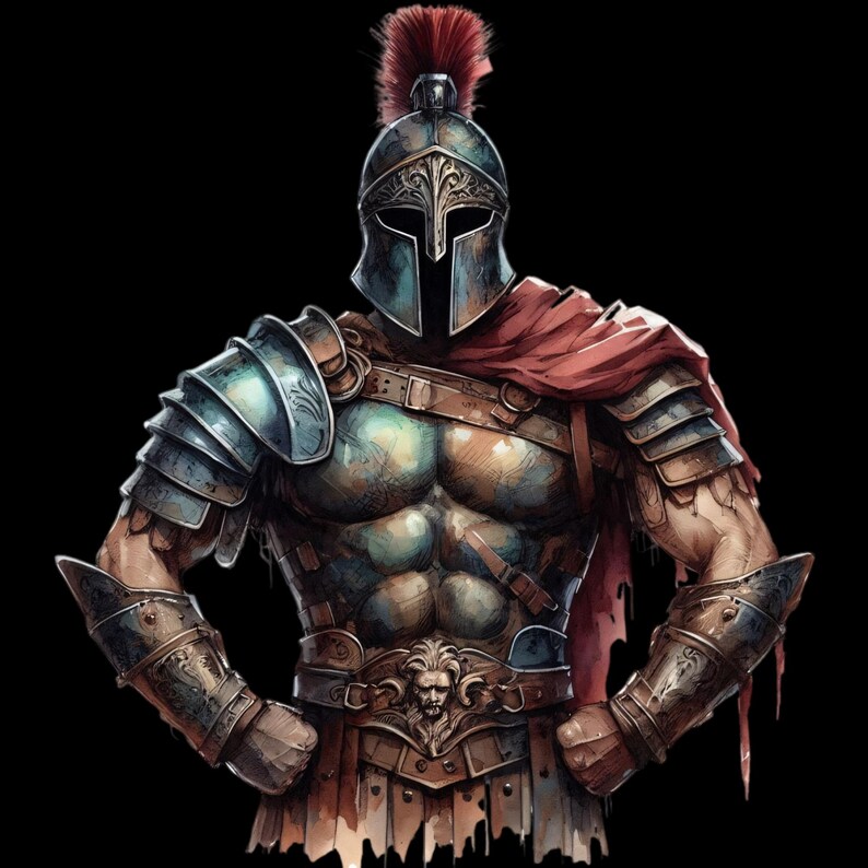 May include: Illustration of a warrior in full armor, featuring a helmet with a red plume and a red cape. The armor is detailed with a lion emblem and intricate designs, set against a black background. The warrior's pose suggests strength and readiness.