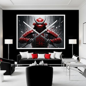 Puede incluir: Impresión enmarcada que presenta una ilustración detallada de un guerrero samurái con armadura roja, sosteniendo dos espadas cruzadas. La obra de arte tiene una composición dinámica con un fondo en blanco y negro.