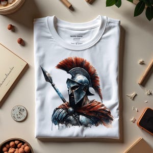 Puede incluir: Camiseta blanca con una ilustración en acuarela de un guerrero espartano sosteniendo una lanza. El guerrero lleva un casco y una armadura con una pluma roja. La camiseta tiene el texto "OUTIE CLUYE" en la etiqueta.