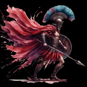 May include: A watercolor illustration of a Spartan warrior in red and blue attire against a black background. The warrior is depicted with a helmet, shield, and spear, and a flowing red cape. The image has a dynamic, artistic style.