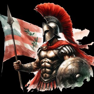 May include: Digital illustration of a Spartan warrior in full armor, holding a spear and a flag with red and white stripes. The warrior wears a red cape and helmet with a red plume, and carries a shield. The background is black.