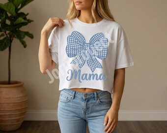 Mama Embroidery Bow PNG, Blue Gingham Coquette Bow, Distressed Stitch Effect, Mother's Day Digital Download, Cute Mama Sublimation Design.