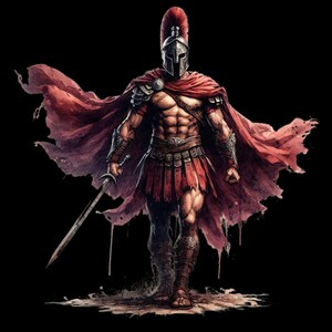 May include: A digital illustration of a Spartan warrior, clad in red and bronze armor, holding a sword. The warrior is wearing a red cape and a helmet with a red plume. The background is black, emphasizing the warrior's imposing figure.