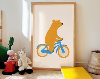 自転車に乗った動物の友達の子供部屋プリント、気まぐれなジャングルの