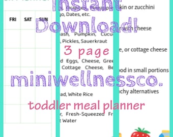 May include: A vertical image of a toddler meal planner with the text "Instant Download!" and "3 page". The planner includes a weekly schedule and a list of healthy snack ideas. The bottom of the image has illustrations of a strawberry, watermelon, cheese, and milk carton.