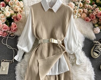 Dress spring autumn winter women's lantern sleeve shirt knitted vest style waistband - Party dress - Christmas dress