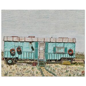 May include: A pencil drawing of a teal-colored trailer with a rusty roof and white trim. Two orange life preservers hang on the side. The trailer sits in a field of tall grass with a dirt path leading to the open door.