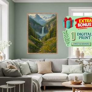 Majestic Waterfall Mountain Landscape - Nature Printable Wall Art | Digital Download | Rustic Scenic Nature Art for Home Decor