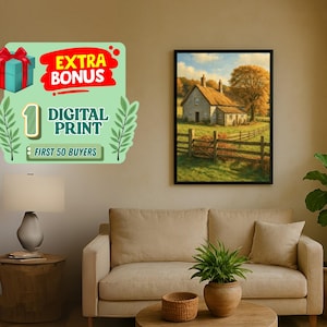 Rustic Cottage Landscape Wall Art | Digital Download | Printable Farmhouse Art | Vintage Country Home Decor | Rustic Digital Artwork