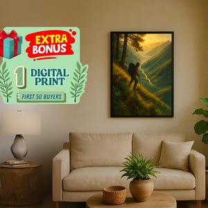 Sunset Mountain Hiker Printable Wall Art – Digital Download Nature Landscape, Adventure Hiking Decor, Rustic Wilderness Print, No Shipping