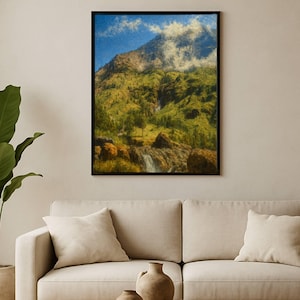Waterfall in Mountain Landscape – Printable Wall Art | Digital Download | Nature Painting for Rustic & Modern Decor