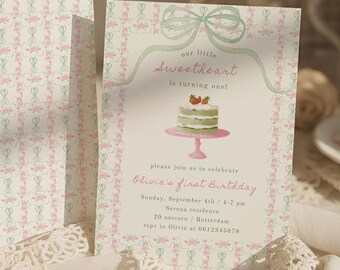 Coquette Bow Birthday Invite, Sweetheart Girl Party Invitation, Vintage Floral Chinoiserie, Animated Soft Pink and Sage Pastel Invitation