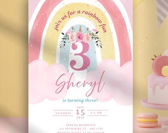Rainbow Birthday Invitation, Editable Unicorn Birthday Invites, Pink Glitters 3rd Birthday Invitation Template, Girls Birthday Invitation