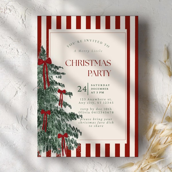 Christmas Party Invitation, Editable Holiday Gathering Invite, Printable & Digital Download Template, Red Bow Holiday Gathering Invitation