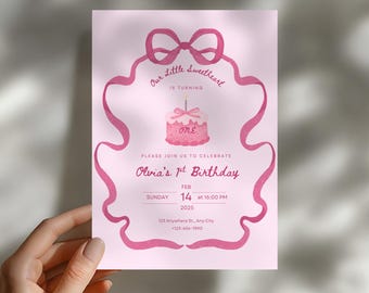 Little Sweetheart Birthday Invitation, Valentines Birthday Invites, Girls Pink Bow 1st Birthday, Editable and Printable Invitation Template