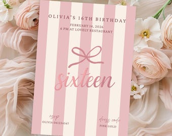 Pink Bow Birthday Invitation, Sweet Sixteen Girl Pink Birthday Invite, Coquette Pink Bow Invitation, Rose Gold Ribbon Birthday Invitation