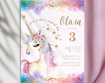 Unicorn Birthday Invitation, Editable Magical Pastel Rainbow Unicorn Birthday Party, 3rd Girl Birthday Invite Gold Glitters Canva Template
