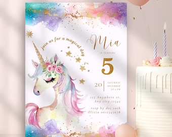 Unicorn Birthday Invitation, Editable Sparkle Gold Unicorn Invite, Printable& Digital Download Template, Girls 5th Rainbow Pastel Invitation