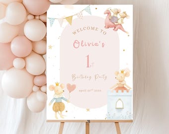 Little Mouse Welcome Sign, Princess Fairytale Birthday Decor, Girls First Birthday Welcome Poster, Whimsical Mouse Themed Party Printable