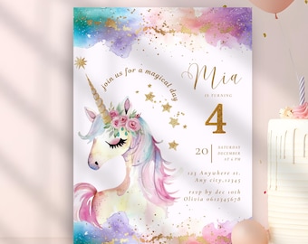 Unicorn Birthday Invitation, Four Ever Magical Canva Editable Template. Pastel Gold Unicorn Girl 4th Birthday Invite, Instant Download