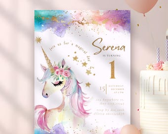 Unicorn Birthday Invitation, Magical Gold Glitters Rainbow Invite, Sparkle Design, Unicorn First Birthday, Princess Girls Birthday Fairytale