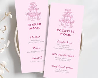 Valentine's Day Menu Card, Pink Wedding Menu Card, Printable Galentine's Day Dinner & Cocktail Menu Card, 4x9" Editable Canva Template
