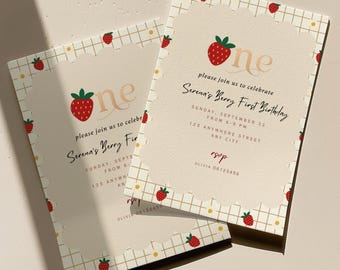 Printable Strawberry “Berry First” Birthday Invitation, Editable 1st Birthday Invite Template, Neutral Unisex