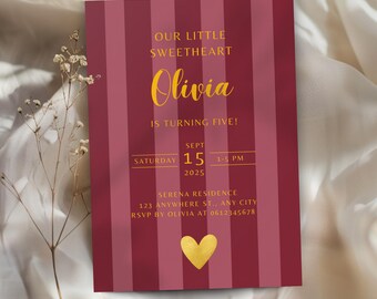 Sweetheart Birthday Invitation, Editable Elegant Birthday Invitation, Golden Foil Girls Birthday Invite For Any age, Burgundy Stripes Invite
