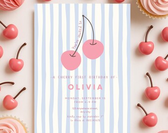 Cherry First Birthday Invitation, Editable Cherry on Top Birthday Invite, Editable Girl First Birthday Invitation, Berry First Invitation