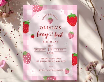 Berry First Birthday Invitation, Editable 1st Birthday Girl Invite